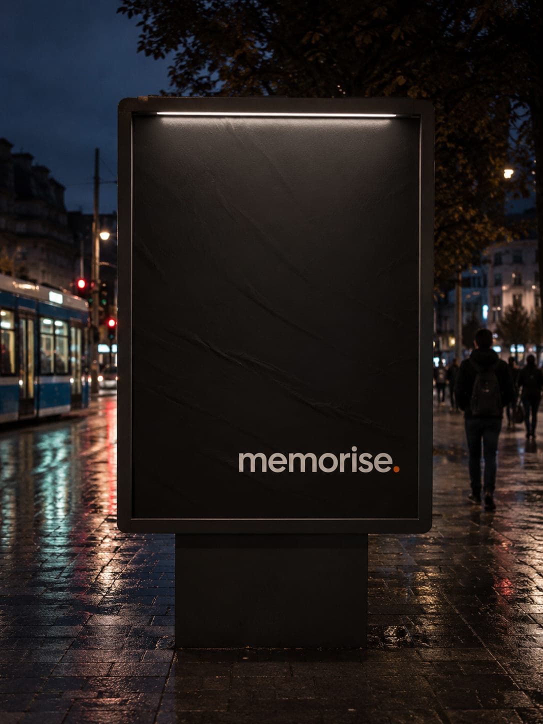 Memorise city-light sign in portrait format on rain-wet street in nocturnal cityscape