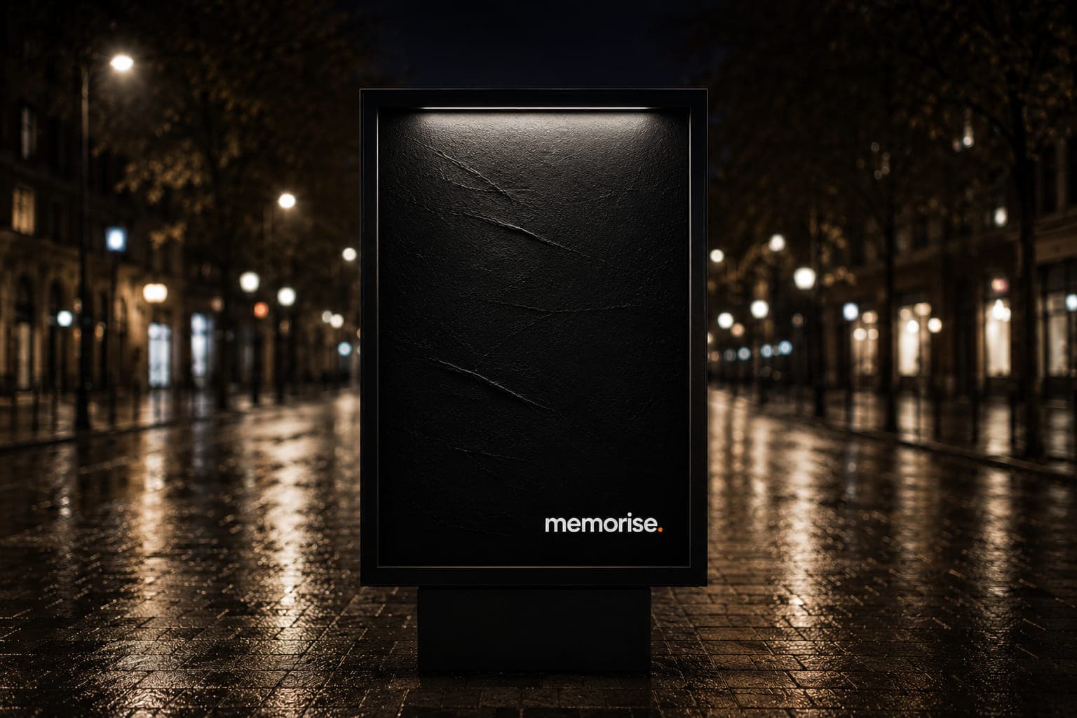 Memorise city-light sign on rain-wet boulevard in nocturnal cityscape with warm lamps
