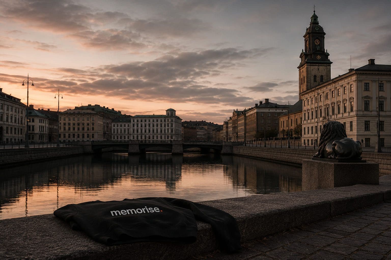 Memorise hoodie on the quay wall by the Stora Hamnkanalen canal in Gothenburg at sunset, with the tower of Christinae church and a bronze lion in the background