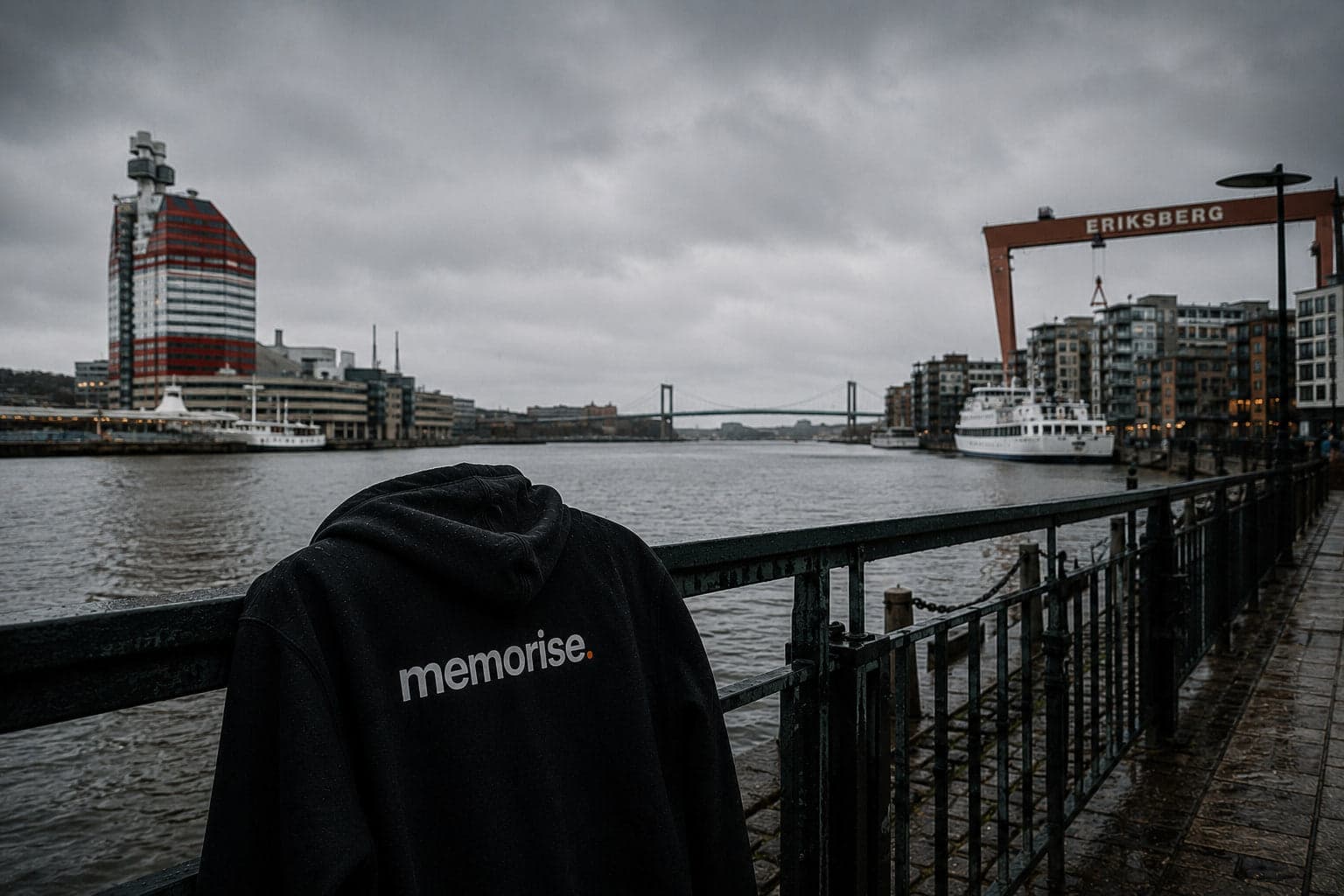 Memorise-hoodie vid Göteborgs hamn med Eriksbergskranen i bakgrunden