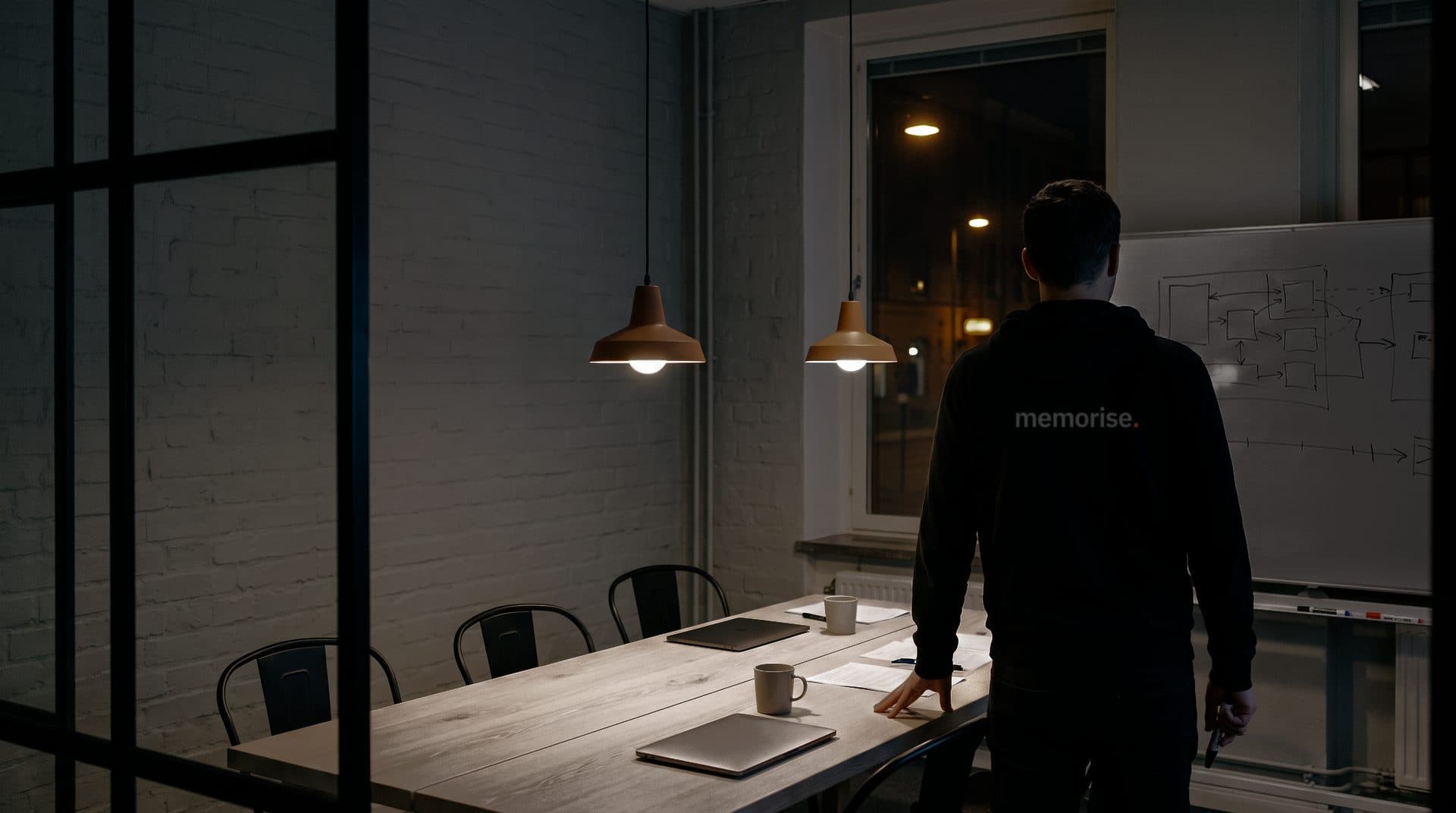 Person i Memorise-hoodie står vid kortänden av ett mötesbord framför en whiteboard med en plan i rutor och pilar
