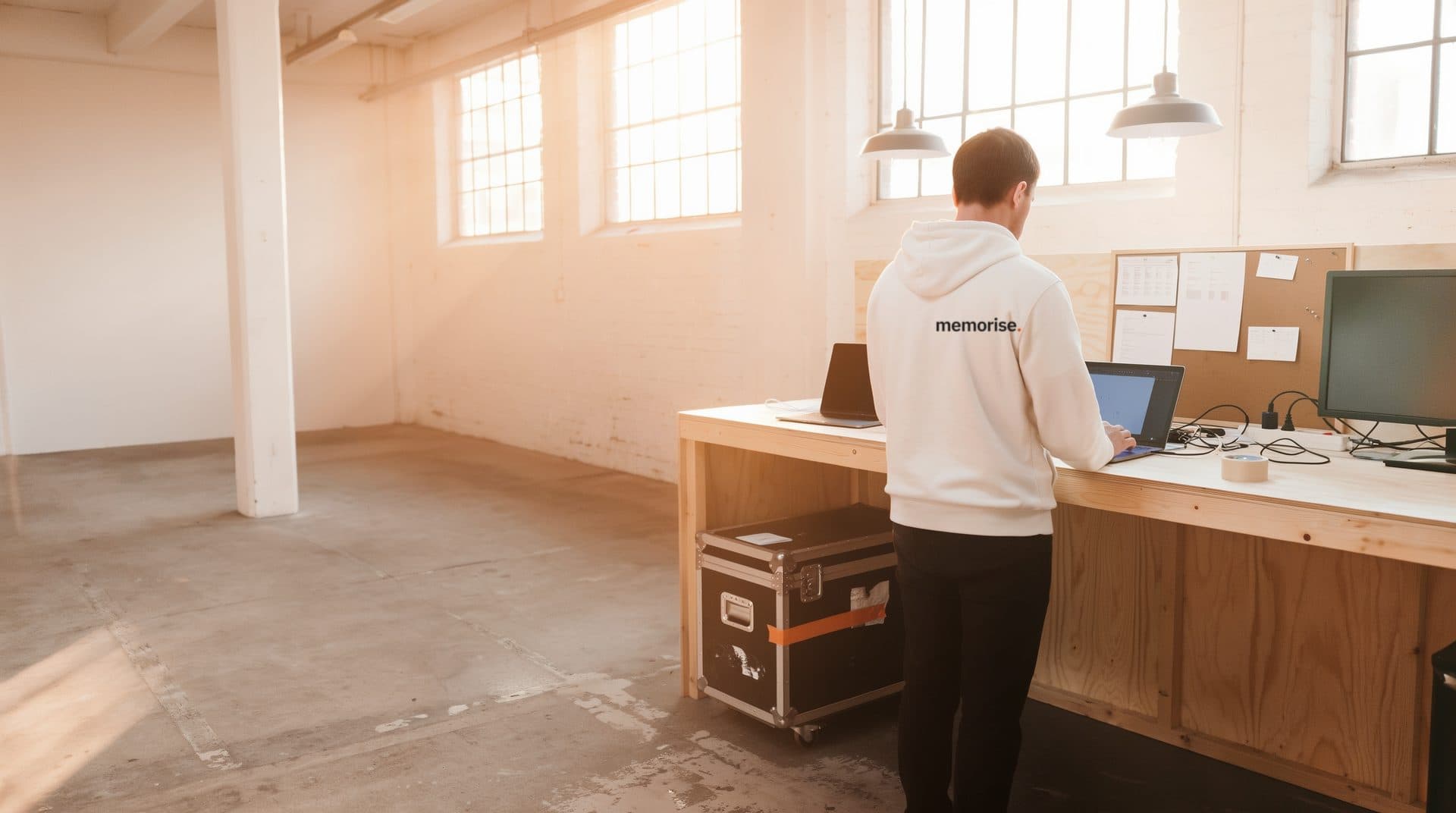 Person i Memorise-hoodie arbetar vid en arbetsbänk med laptop i ett gammalt industrihus, med ett slitet flightcase under bänken
