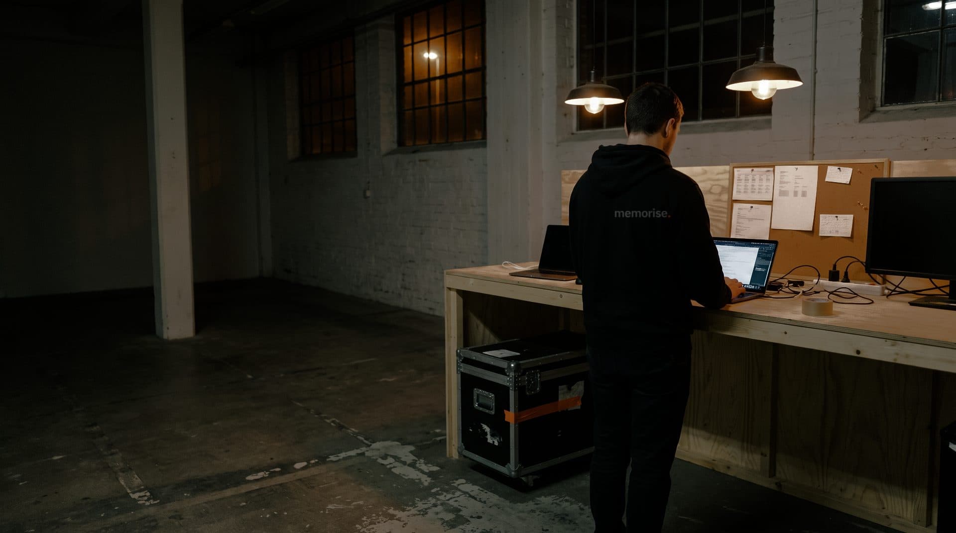 Person in a Memorise hoodie working at a laptop on a workbench in an old industrial building, with a worn flight case under the bench