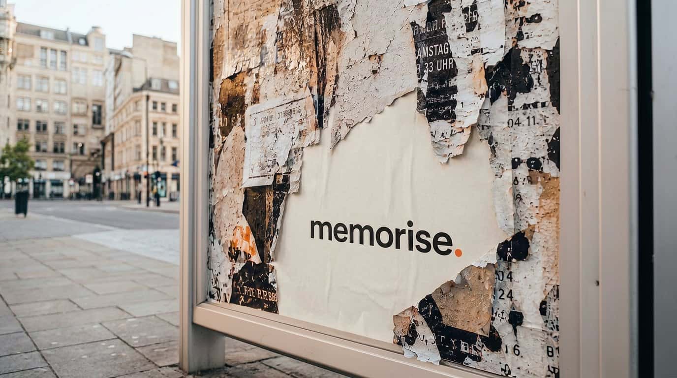 Memorise-affisch intakt på sliten reklamskylt omgiven av peeling gamla posters i regnig nattlig stadsmiljö (16:9-format)