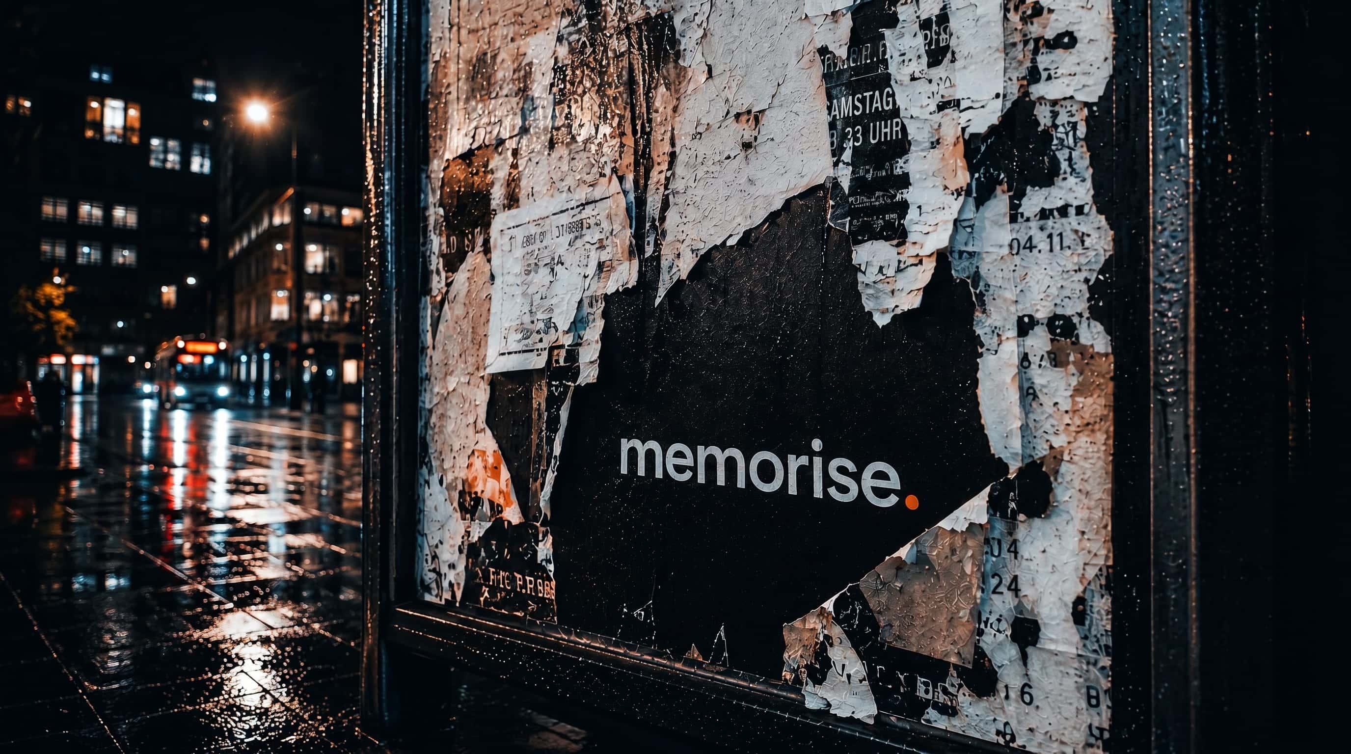 Memorise-affisch intakt på sliten reklamskylt omgiven av peeling gamla posters i regnig nattlig stadsmiljö (16:9-format)