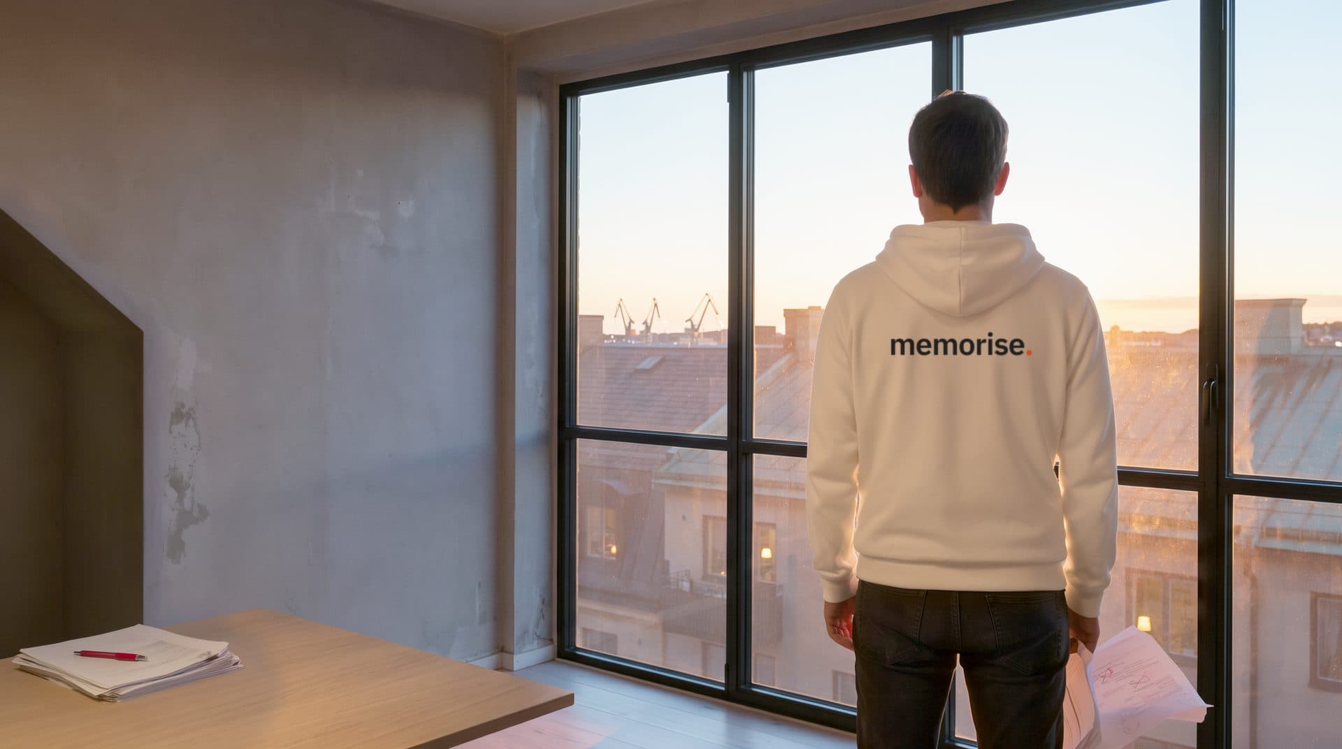 Person i Memorise-hoodie står vid fönsterväggen högt upp i ett kontorshus och ser ut över stadens tak mot hamnen, med ett utskrivet förslag i handen
