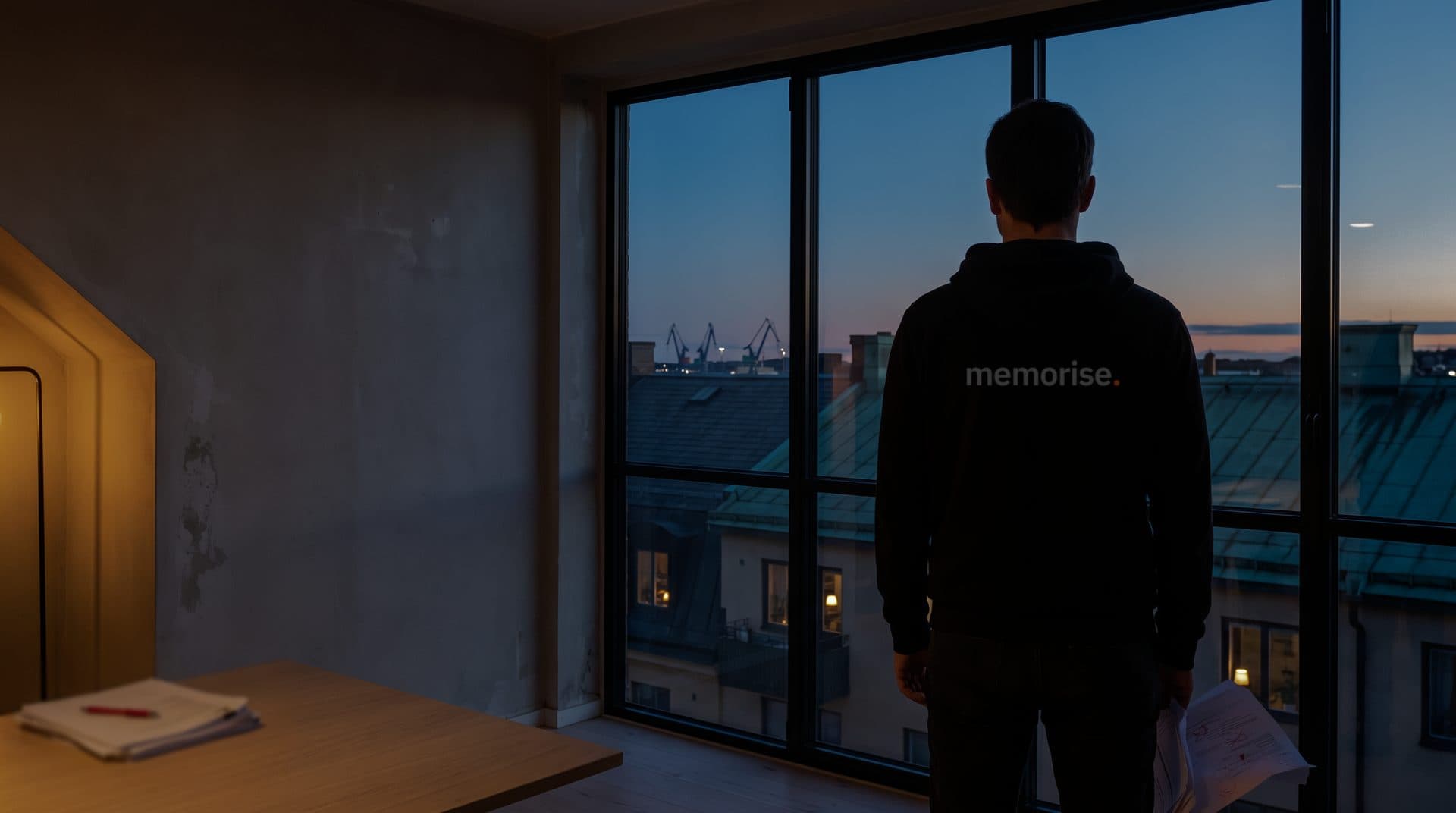 Person in a Memorise hoodie at the window wall high up in an office building, looking out over the rooftops toward the harbor with a printed proposal in hand