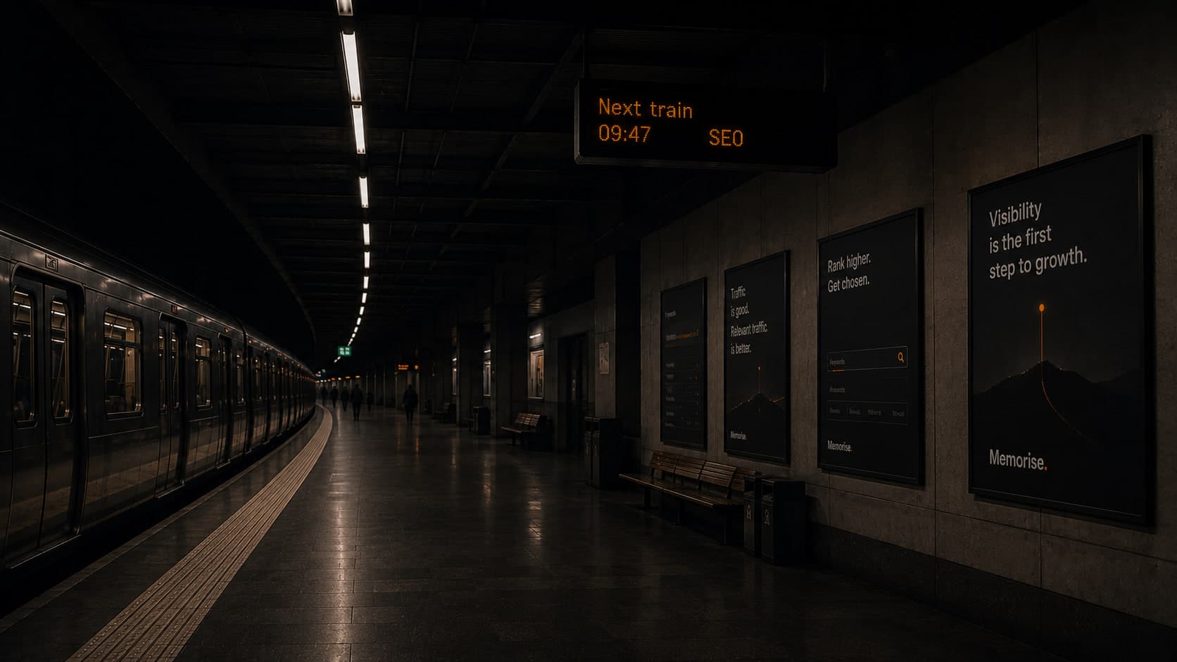 SEO message from Memorise on departure board in Stockholm subway: 'Visibility is the first step to growth'