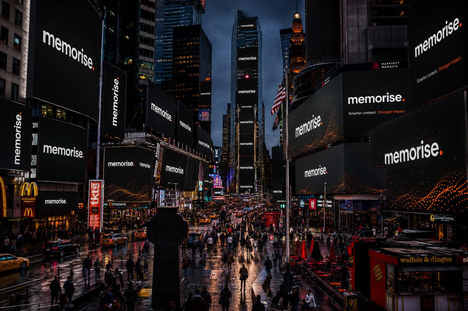 Memorise billboard on Times Square in nocturnal cityscape