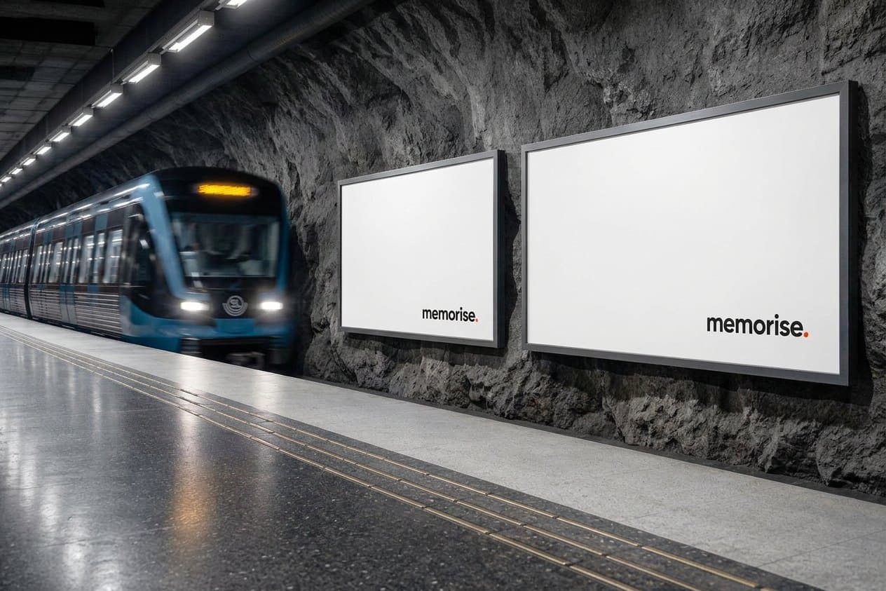 Stockholms T-Centralen med memorise-takeover på flera reklamskyltar och våta plattformar