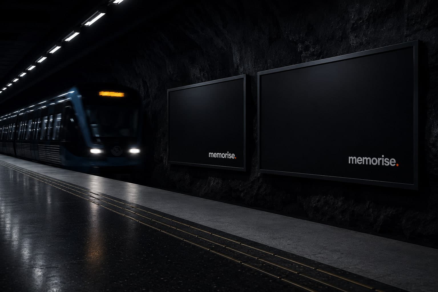 Stockholms T-Centralen med memorise-takeover på flera reklamskyltar och våta plattformar