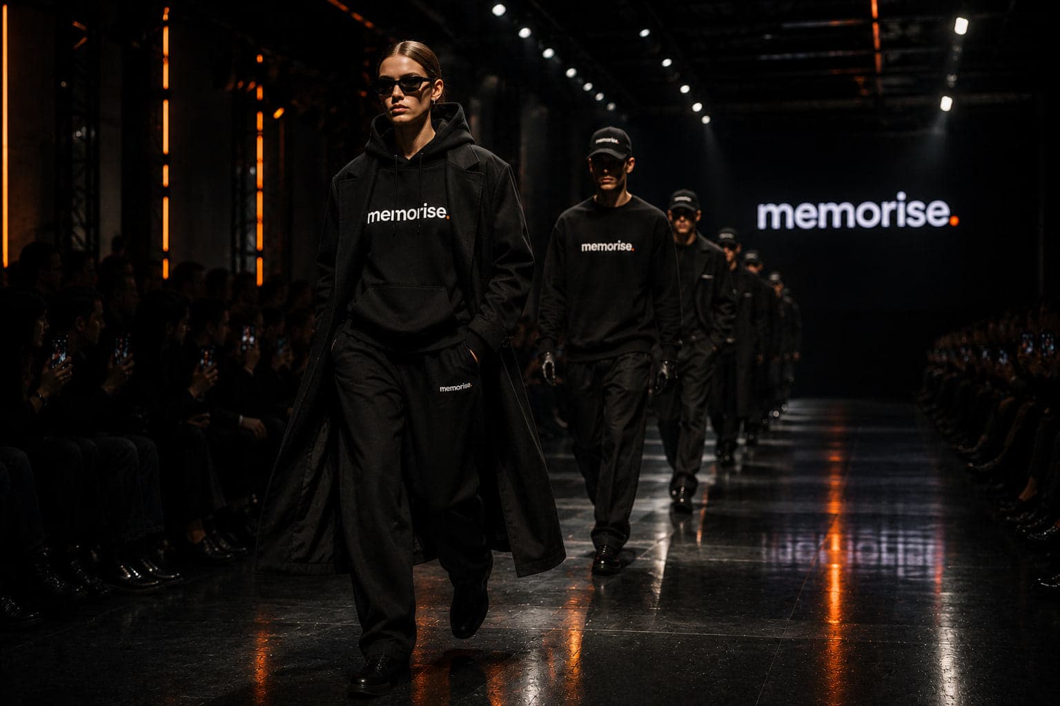 Memorise logo illuminated at fashion show with models in memorise apparel
