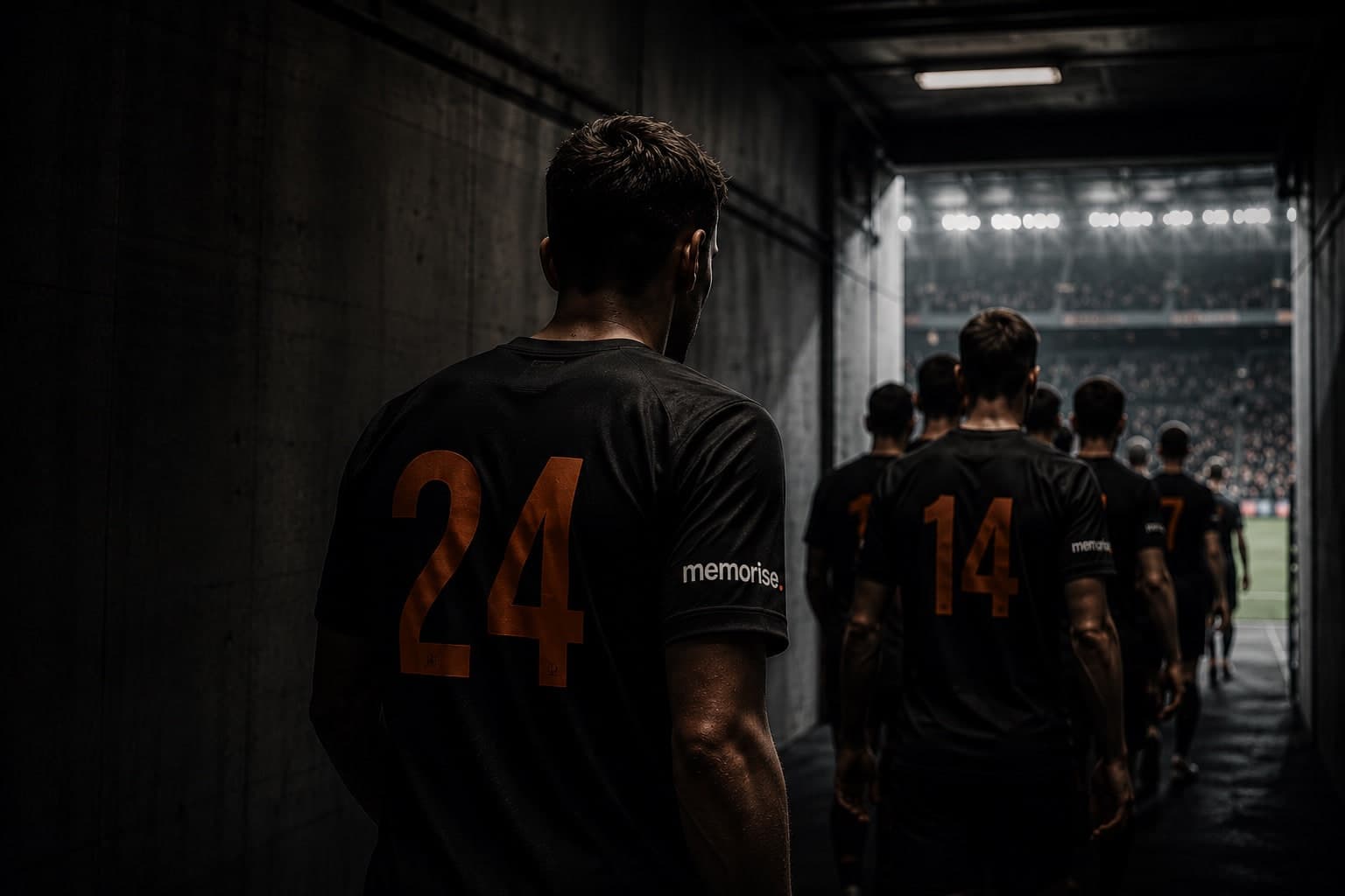 Sportlag i Memorise-tröjor med orange spelarnummer går genom tunnel mot upplyst stadion