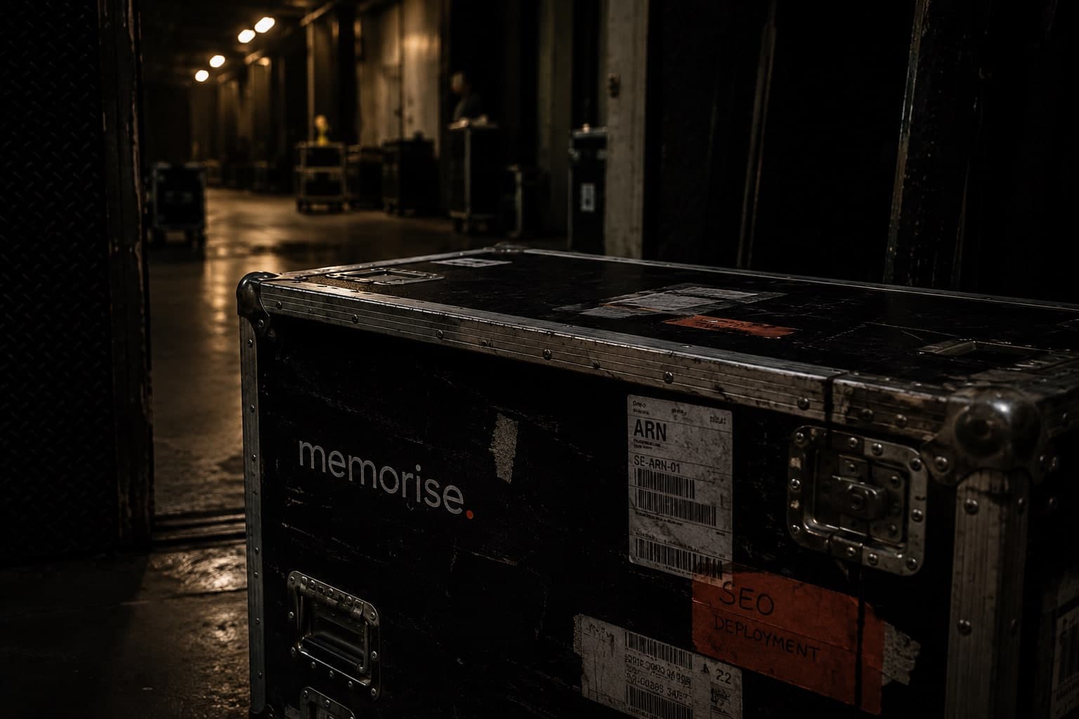 Memorise-flightcase med ARN-frakt-etikett och 'SEO DEPLOYMENT'-label i mörk korridor med fler cases i bakgrund