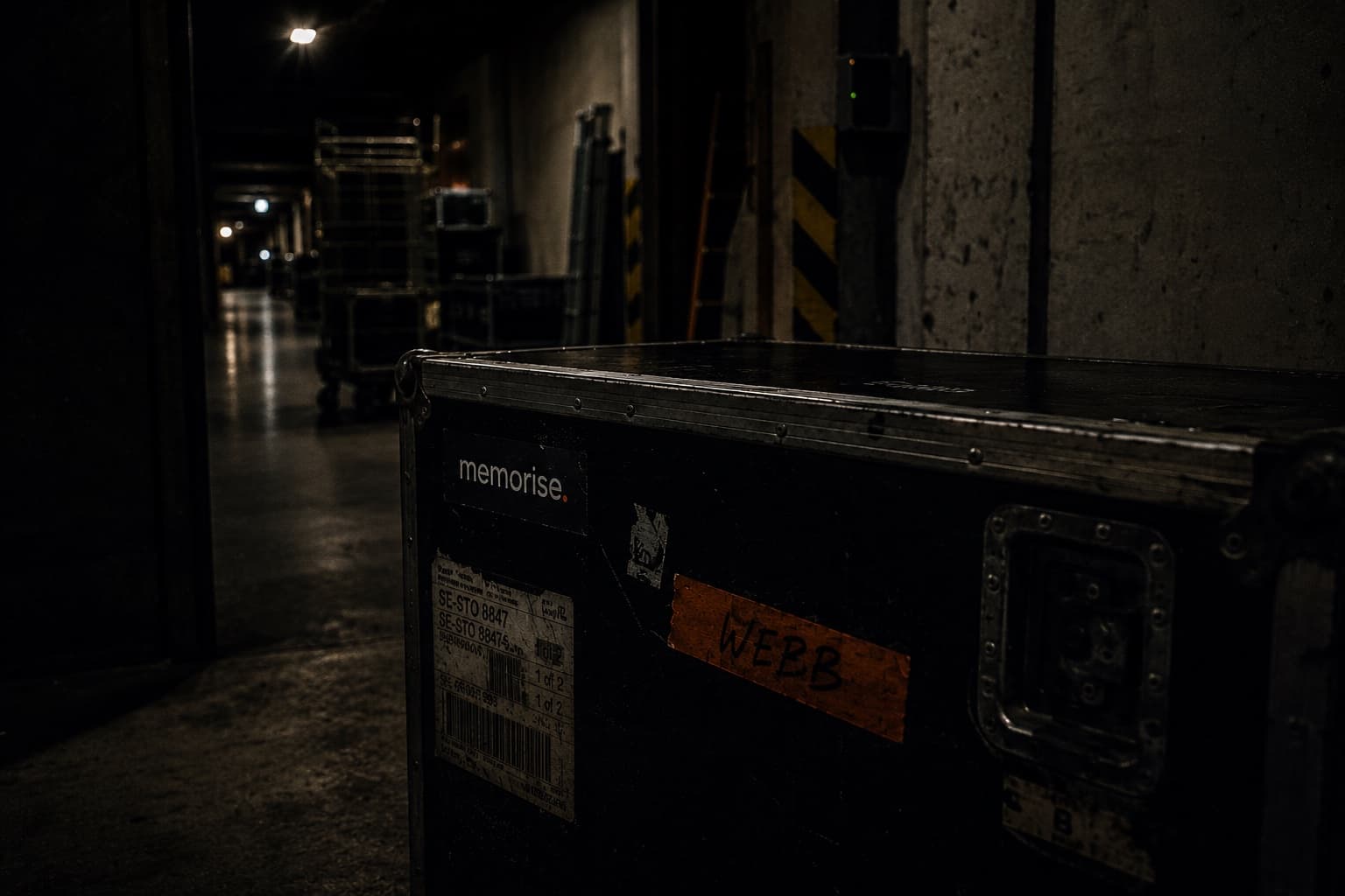 Memorise-branded flightcase med 'WEBB'-label i mörk backstage-korridor med fler cases i bakgrund