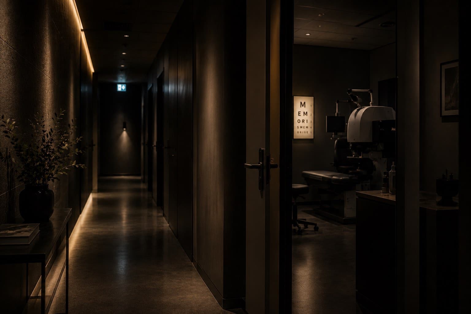 Mörk klinikkorridor med behandlingsrum i dämpad belysning