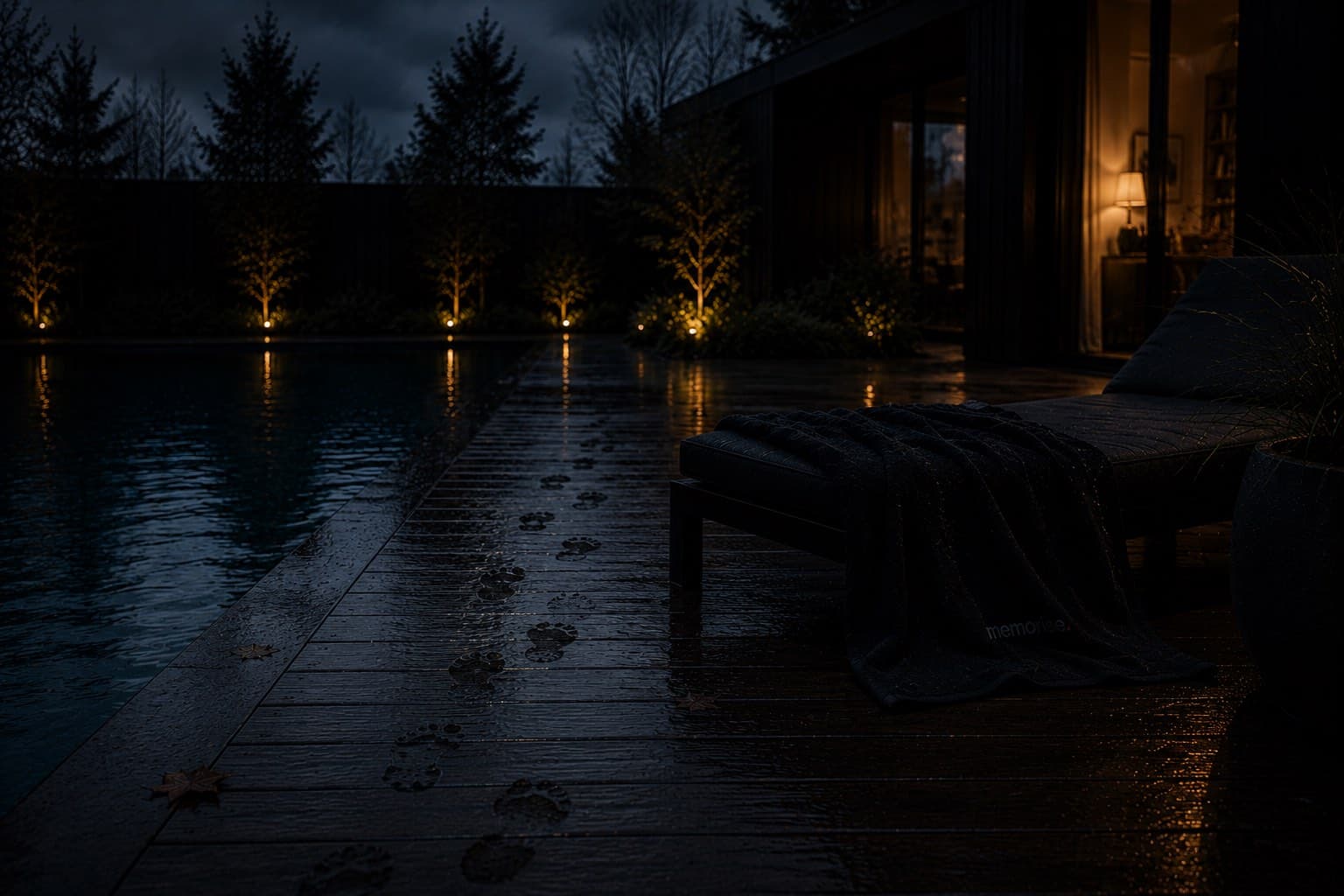 Mörk poolmiljö i skymning med trädäck, blöta fotspår, en solstol och trädgårdsbelysning vid ett hus