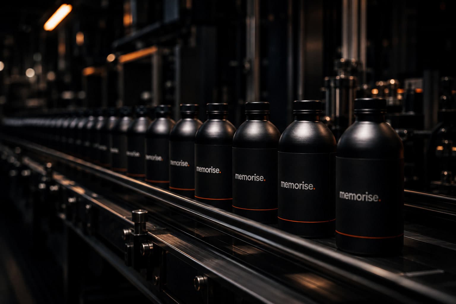 Mörk produktionslinje med memorise-märkta flaskor på löpande band