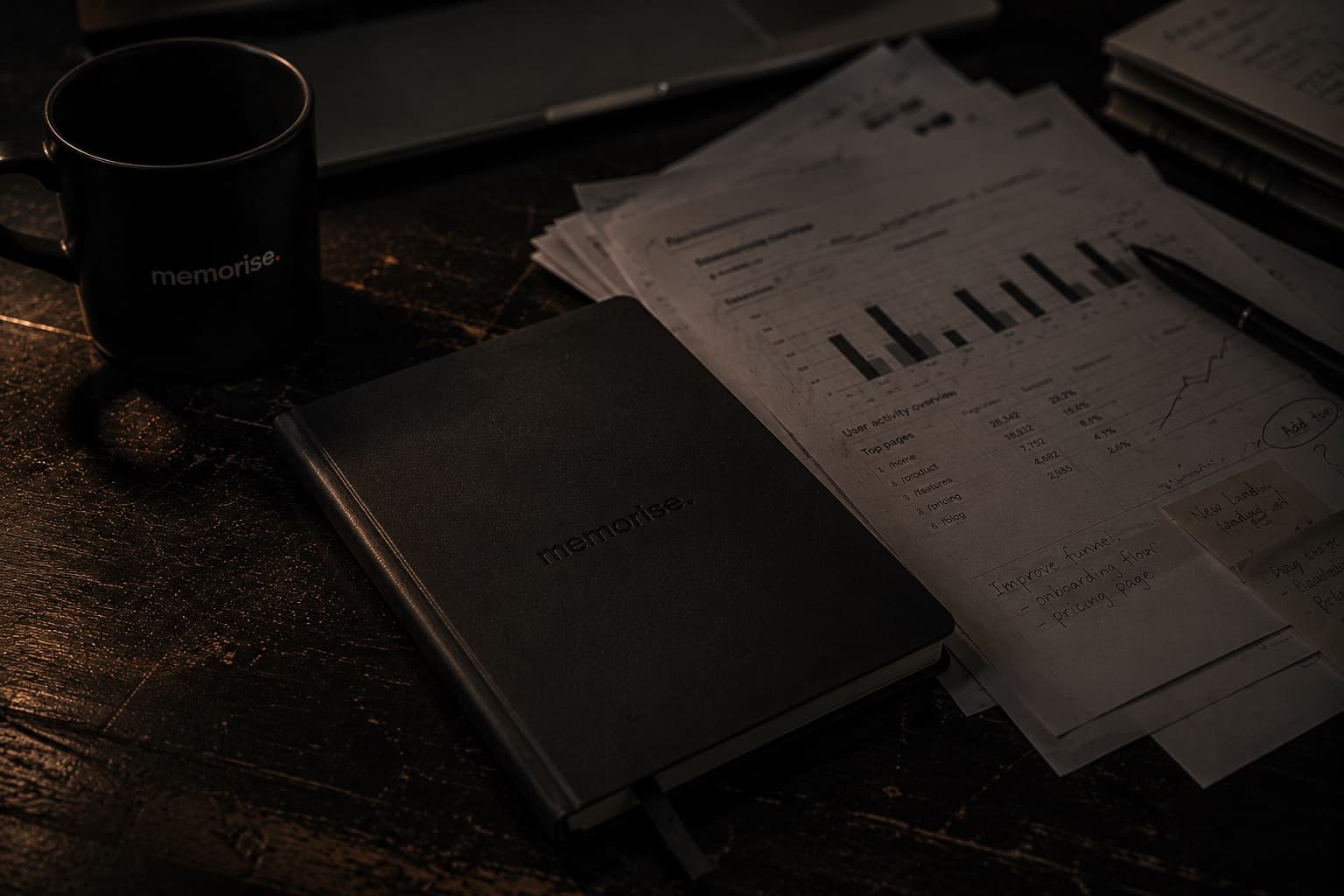 Fractional CMO analysis on desk with memorise coffee mug, black notebook and KPI documents with charts