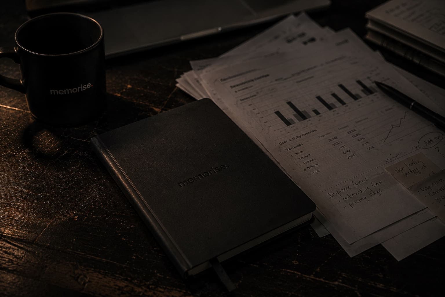 Extern marknadschef-analys på skrivbord med memorise-kaffekopp, svart anteckningsbok och KPI-dokument med diagram