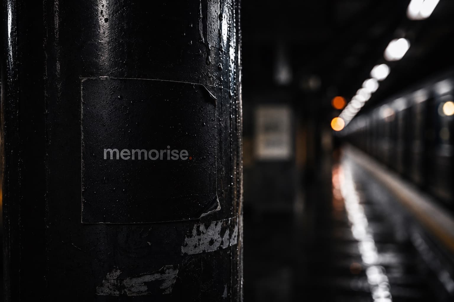 Memorise sticker close-up on pole with blurred subway train and wet platform lights in background