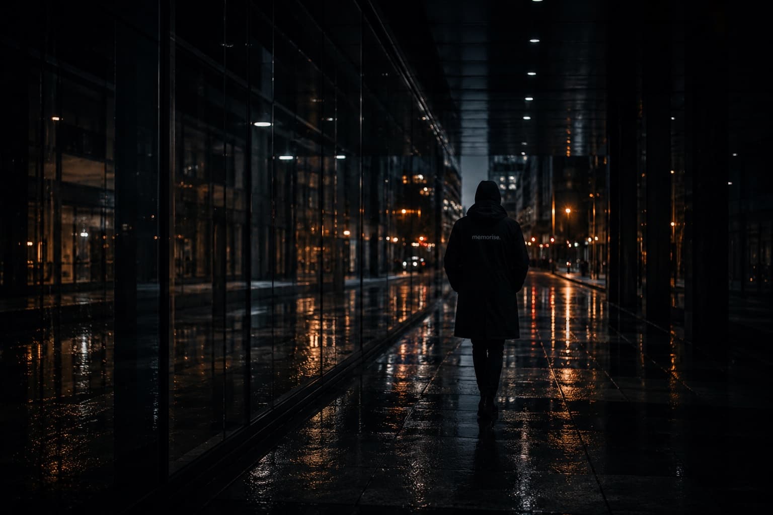 Memorise figure in dark jacket walks through rainy glass corridor in nocturnal cityscape with city lights reflecting on wet surfaces